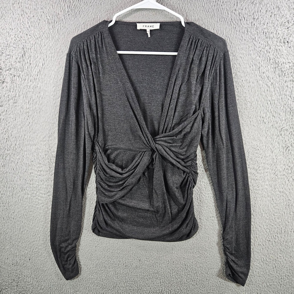 Frame Charcoal Heather Twist Front V-Neck Long Sleeve Top Womens Size M